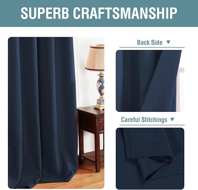 H.VERSAILTEX Blackout Curtain for Living Room Extra Long, Thermal Insulated Bedroom Curtains Grommet Top, Noise Reducing Patio Door Curtain - Navy Blue, One Panel, 52'W x 102'L