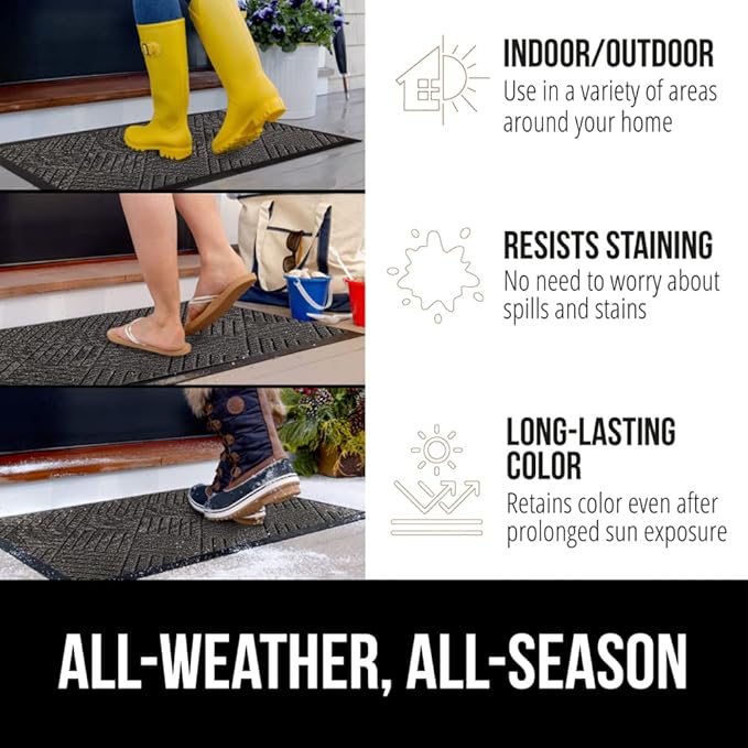 GORILLA GRIP 100% Waterproof All-Season WeatherMAX Doormat, 34x58, US Designed Natural Rubber, Stain and Fade Resistant, Low Profile Indoor Outdoor Door Mats, Easy Clean Patio Mat, Gray Diamond