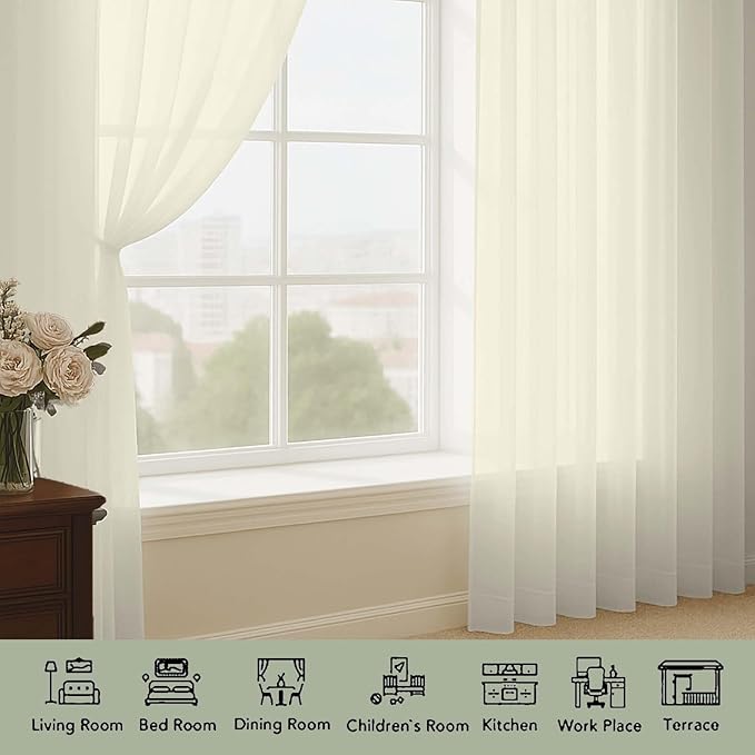 OWENIE Cream Sheer Curtain 90 Inches Long 2 Panels Set, Solid Filmy Drapes for Living Room Bedroom, Elegant Window Voile Sheer Curtain Panels Drapes, 2 Pcs, Each 59" Wx90 L Inch