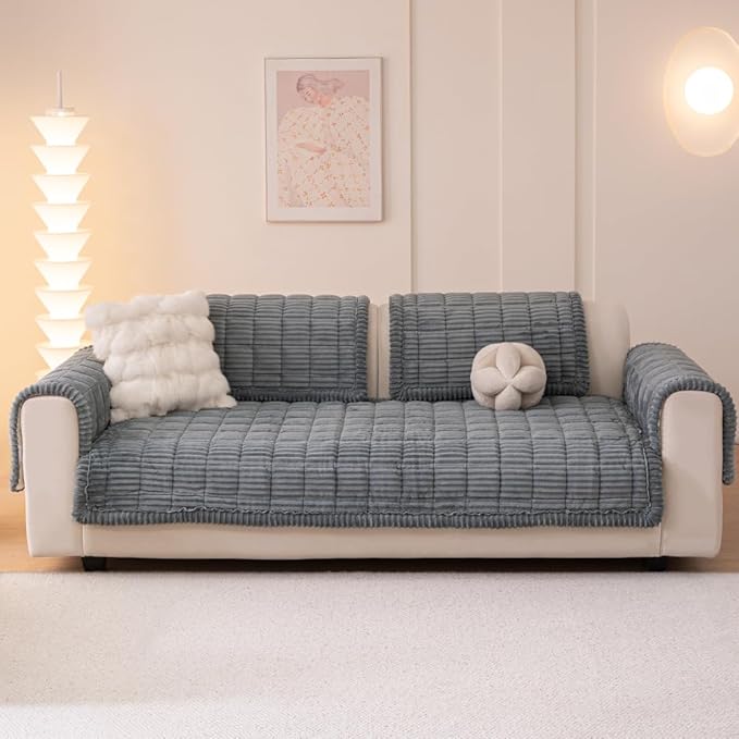 Couch Cover for Dogs Washable, Fuzzy Pet Couch Covers for 3 Cushion Sofa Pet Friendly, Non Slip Sofa Cover (Blue-Grey, 27.6" x 27.6"/70 x 70cm 2 PCS)