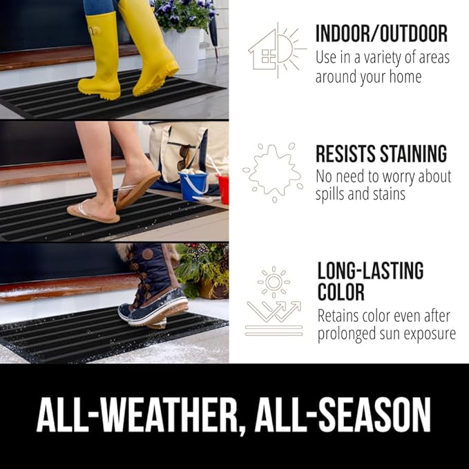 GORILLA GRIP 100% Waterproof All-Season WeatherMAX Doormat US Designed Natural Rubber, Stain and Fade Resistant, Low Profile Indoor Outdoor Door Mats, Easy Clean Patio Mat, 23x35, Black Stripe