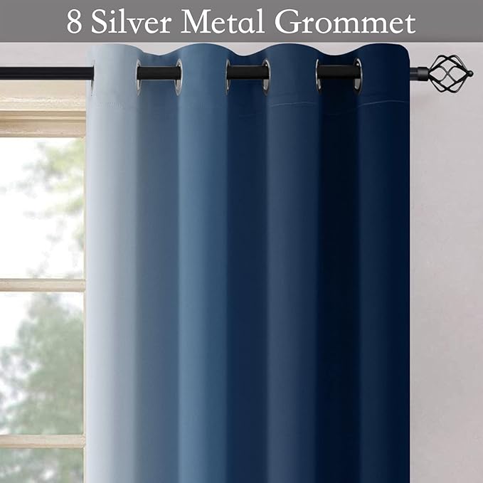 SimpleHome Ombre Room Darkening Curtains for Living Room, Light Blocking Gradient Blue to Greyish White Thermal Insulated Grommet Window Curtains/Drapes for Bedroom, 2 Panels, 52x84 inches Length