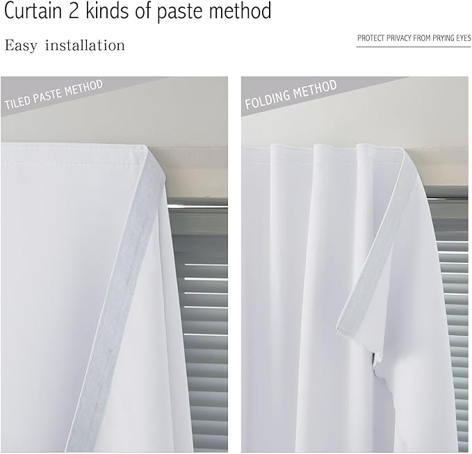 self Adhesive Curtains Portable Blackout Curtain Simple and Easy to Install Bedroom Window Thermal Lnsulated Kitchen Room Darkening Black Small Drapes, 35" W X 59" L, White, 1 Panel