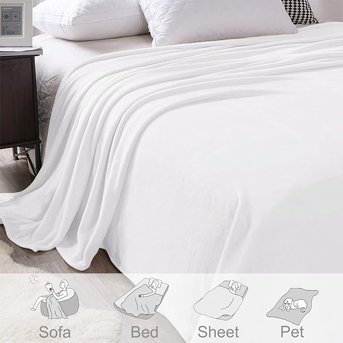 Exclusivo Mezcla Fleece Blanket Twin Size for Bed, Super Soft and Warm, All Season, Cozy, Plush, Lightweight, 60x80 Inches Pure White