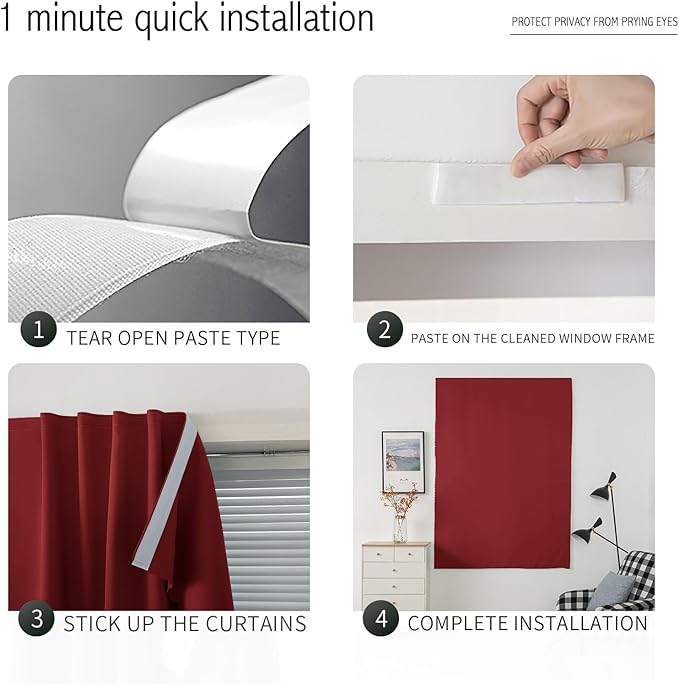 Self Adhesive Curtains, Stick Curtain Blackout Shades Window Cover Curtains for Living Room No Drilling, 47" W X 79" L, Burgundy, 1 Panel