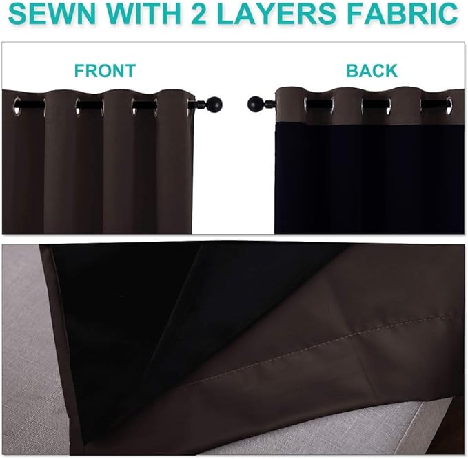 NICETOWN 100% Blackout Lined Curtains, Brown, 1 Pair, 62" Width x 63" Length Each Panel, 2 Thick Layers Completely Blackout Window Treatment Thermal Insulated Drapes for Kitchen/Bedroom