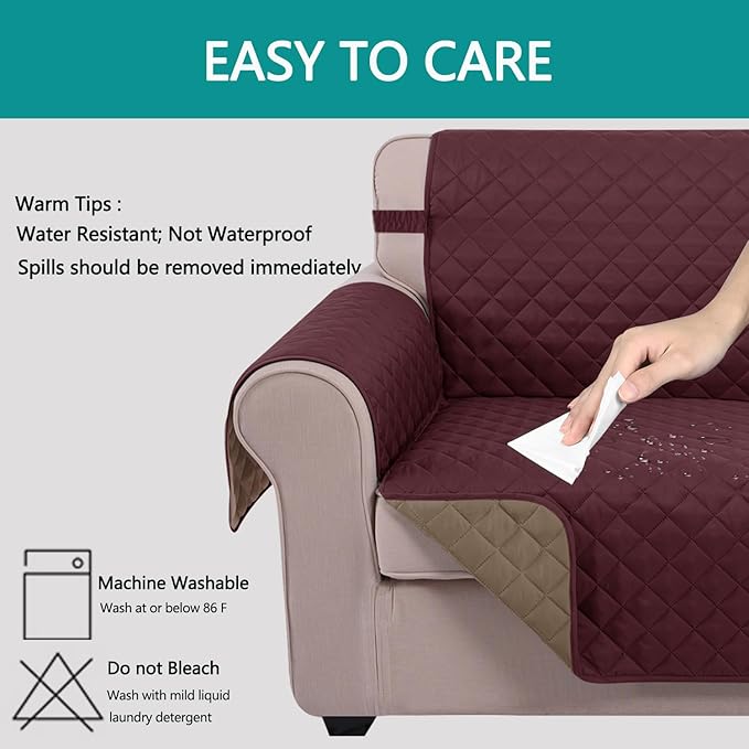 U-NICE HOME 4 Seater Sofa Cover 91 Inch Large Couch Covers for 4 Cushion Couch with Elastic Straps Water Resistant Furniture Protector Cover for Pets Cat (Sofa XX-Large, Burgundy/Tan)