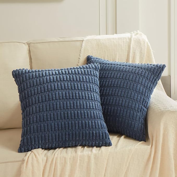 Fancy Homi 4 Packs Dusty Blue Decorative Throw Pillow Covers 18x18 Inch for Living Room Couch Bed Sofa, Rustic Farmhouse Boho Home Decor, Soft Plush Striped Corduroy Square Cushion Case 45x45 cm