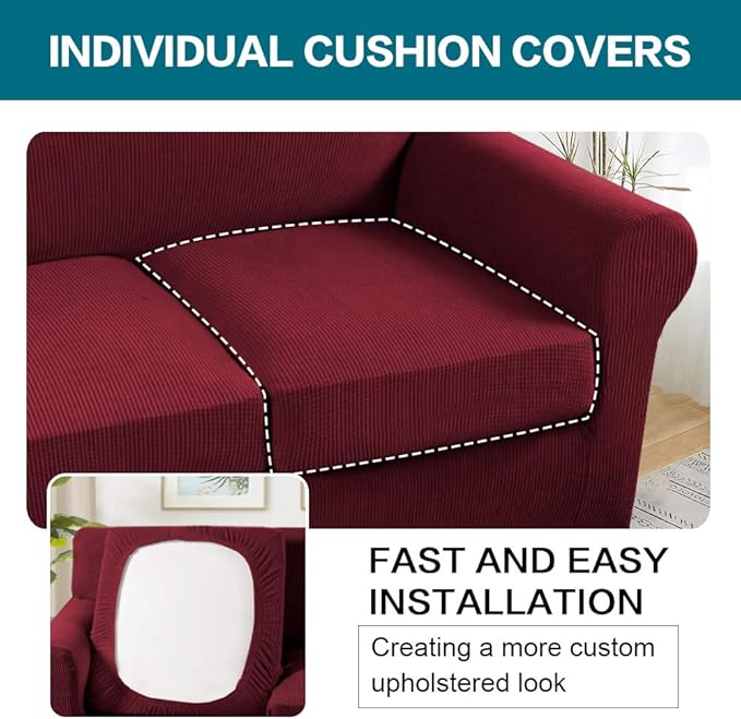 Turquoize 4 Piece Sofa Covers For 3 Cushion Couch Sofa Slipcover Soft Couch Cover For Dogs-Washable Sofa Furniture Covers With 3 Individual Large Cushion Covers Feature Thick Fabric(XL Sofa, Burgundy)
