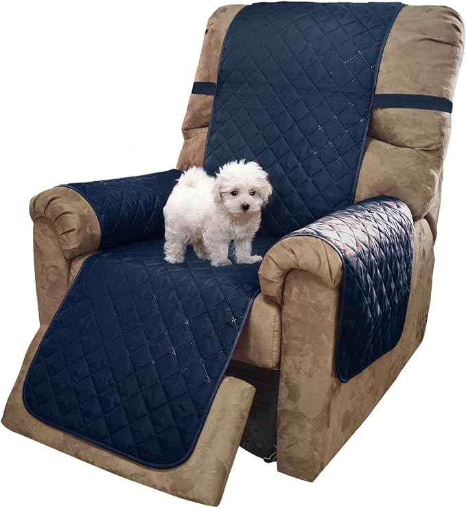 U-NICE HOME Recliner Chair Covers Reversible Quilted Water Repellent Pet Protectors with Elastic Straps (23''Recliner Small, Navy/Taupe)