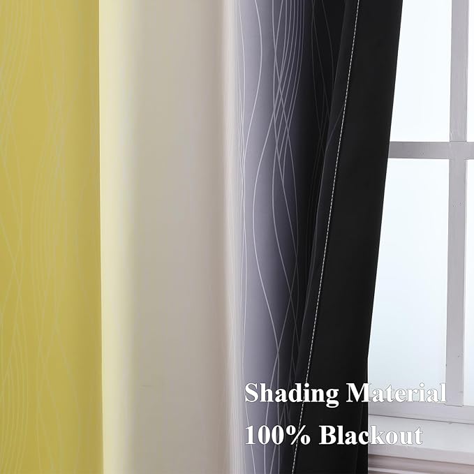 Estelar Textiler Black and Yellow Blackout Curtains 45 Inch Length, Full Light Blocking Gradient Grommet Drapes for Kitchen, Thermal Insulated Ombre Curtains for Bedroom, 42Wx45L, 2 Panels