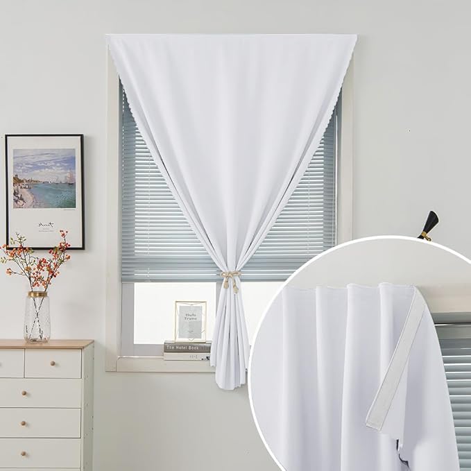 self Adhesive Curtains Portable Blackout Curtain Simple and Easy to Install Bedroom Window Thermal Lnsulated Kitchen Room Darkening Black Small Drapes, 35" W X 59" L, White, 1 Panel