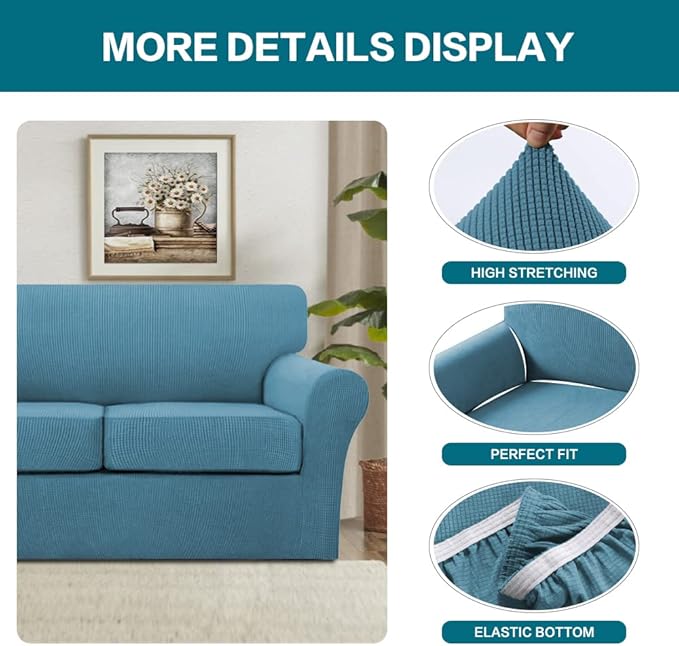 Turquoize 4 Piece Sofa Covers for 3 Cushion Couch Sofa Slipcover Soft Couch Cover for Dogs-Washable Sofa Furniture Covers with 3 Individual Cushion Covers, Jacquard Fabric (3 Cushion Sofa, Storm Blue)