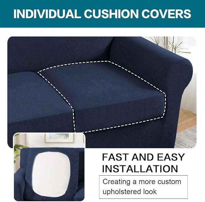 Turquoize 3 Piece Sofa Covers for 2 Cushion Couch Sofa Slipcover Soft Couch Cover for Dogs-Washable Sofa Furniture Covers with 2 Individual Cushion Covers, Thick Jacquard Fabric (Loveseat, Navy)