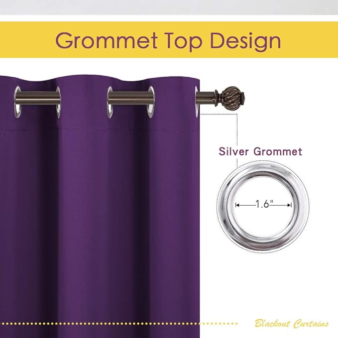 NICETOWN Bedroom Curtains Blackout Drapery Panels, 2 Panels, 70 x 72 inches, Royal Purple, Three Pass Microfiber Thermal Insulated Solid Ring Top Blackout Window Curtains/Drapes