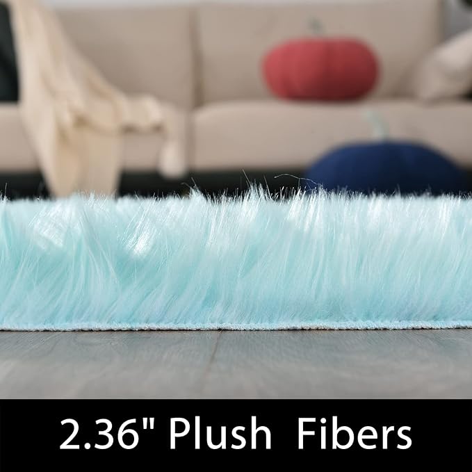 Latepis Light Blue Small Fluffy Rugs 2x3 Teal Faux Sheepskin Fur Rug for Bedroom Cute Throw Plush Rug for Cushion Chair Furry Rugs for Home Décor