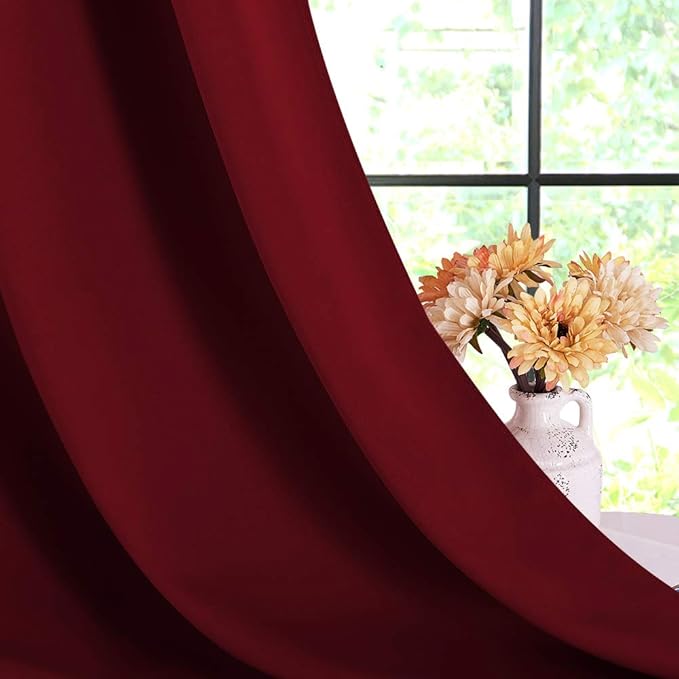 NICETOWN Christmas Burgundy Window Curtains Blackout Drapes, Thermal Insulated Solid Grommet Blackout Curtains/Draperies for Laundry Room (One Pair, 70 by 63-inch, Burgundy Red)