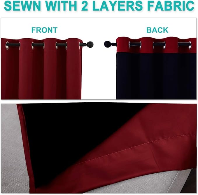 NICETOWN 100% Blackout Curtains with Black Liner Backing, Thermal Insulated Curtains for Living Room, Noise Reducing Drapes for Christmas, Burgundy Red, 37" x 50" Per Panel, Set of 2