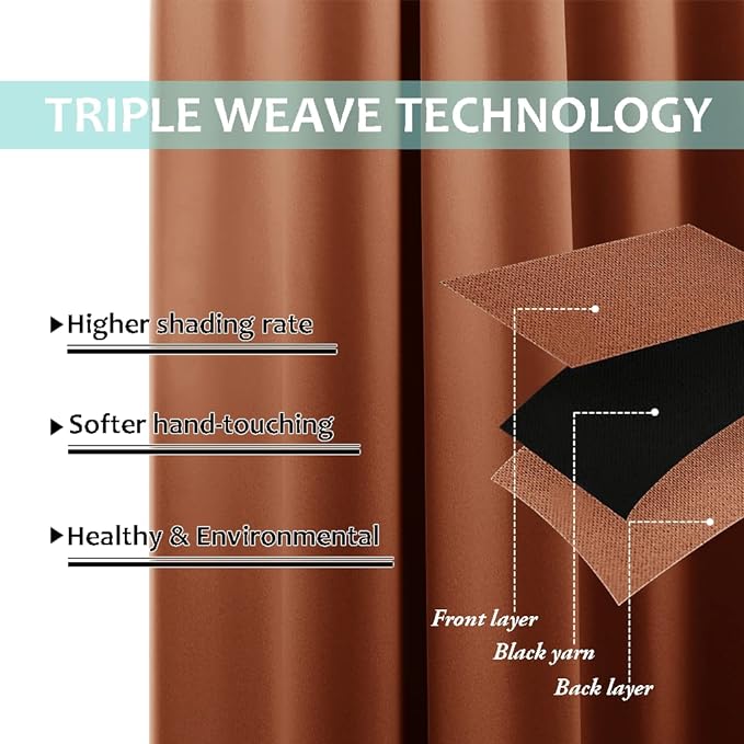 NICETOWN Burnt Orange 100% Blackout Lined Curtains, 2 Thick Layers Completely Blackout Window Treatment Panels Thermal Insulated Drapes for Kitchen (1 Pair, 42" Width x 63" Length Each Panel)