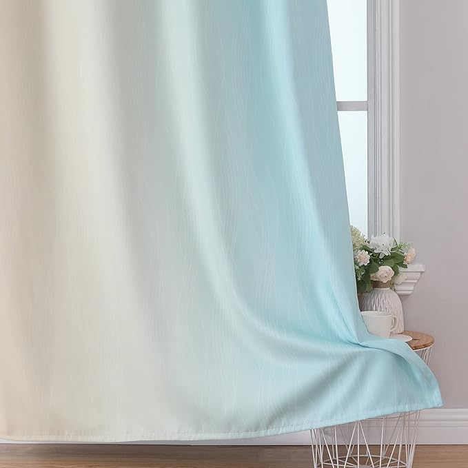 Estelar Textiler Aqua and Beige Room Darkening Blackout Curtains 84 Inch Length 2 Panels Set for Living Room, Thermal Insulated Ombre Light Blocking Grommet Blackout Drapes for Bedroom, 42Wx84L