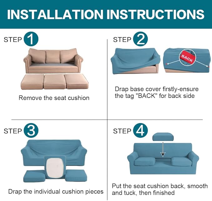 Turquoize 4 Piece Sofa Covers for 3 Cushion Couch Sofa Slipcover Soft Couch Cover for Dogs-Washable Sofa Furniture Covers with 3 Individual Cushion Covers, Jacquard Fabric (3 Cushion Sofa, Storm Blue)