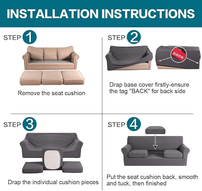 Turquoize 4 Piece Sofa Covers for 3 Cushion Couch Sofa Slipcover Soft Couch Cover for Dogs Washable Furniture Cover with 3 Individual Large Cushion Covers Feature Fabric (Large Sofa, Charcoal Gray)