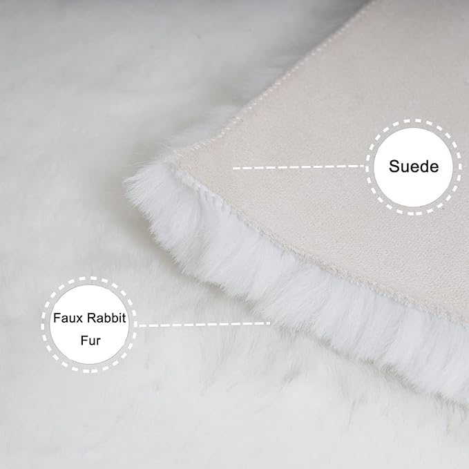 Ghouse Ultra Soft Faux Rabbit Fur Rug, Machine Washable Area Rugs for Bedroom Fluffy Rugs for Living Room, No-Shedding Carpet Sheepskin Runner Rugs White 2x10 Feet