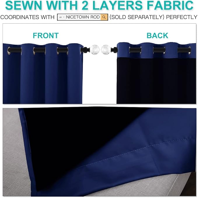 NICETOWN 100% Blackout Curtain Panels, Thermal Insulated Black Liner Curtains for Nursery Room, Noise Reducing and Cold Blocking Drapes for Windows (Set of 2, Royal Blue, 42" Wide by 63" Long)