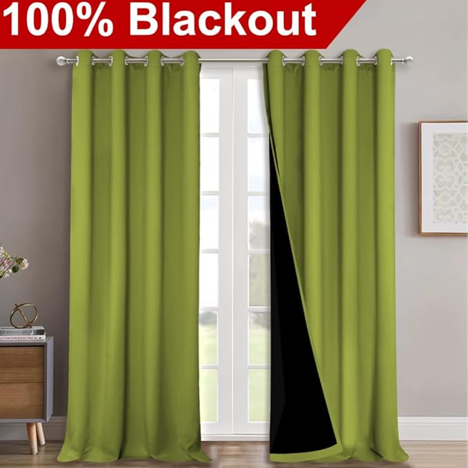 NICETOWN 100% Blackout Curtains for Windows, Pack of 2, Fresh Green, 52" W x 120" L, Super Heavy-Duty Black Lined Total Darkness Drapes for Bedroom, Privacy Assured Window Treatment for Patio