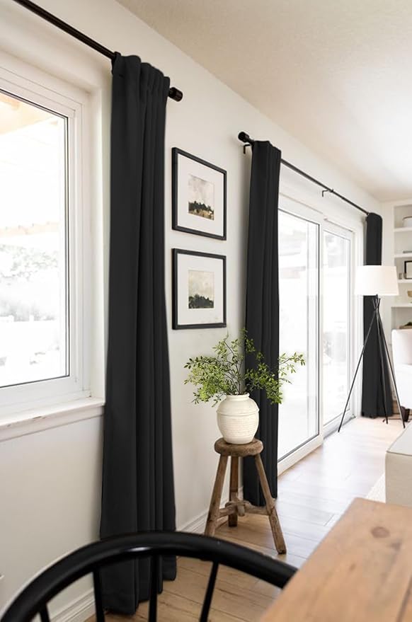 100% Blackout Shield Linen Blackout Curtains for Bedroom 63 Inches Long, Back Tab/Rod Pocket Living Room Drapes, Thermal Insulated Blackout Curtains 2 Panels Set, 50" W x 63" L, Black