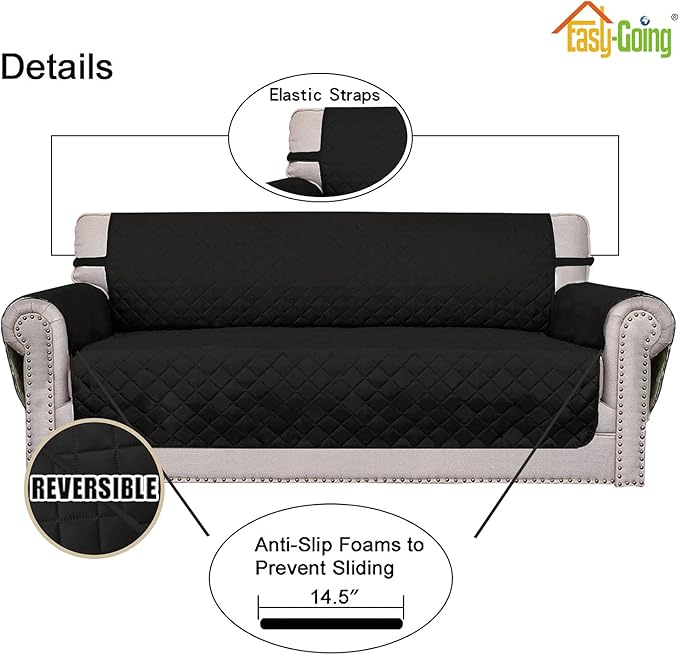 Easy-Going 4 Seater Sofa Slipcover Reversible Sofa Cover Water Resistant Couch Cover with Foam Sticks Elastic Straps Furniture Protector for Pets Children Dog Cat (XX-Large, Black/Black)