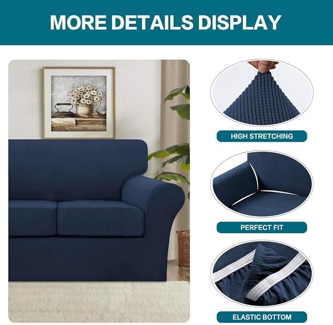 Turquoize 4 Piece Sofa Covers for 3 Cushion Couch Sofa Slipcover Soft Couch Cover for Dogs-Washable Sofa Furniture Covers with 3 Individual Cushion Covers, Jacquard Fabric (3 Cushion Sofa, Navy)