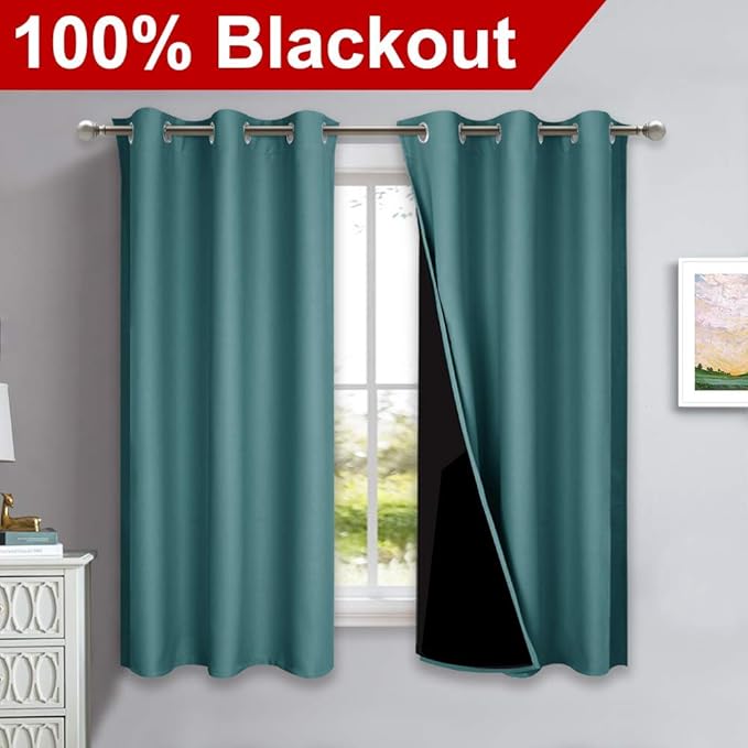 NICETOWN 100% Blackout Curtain Panels, Thermal Insulated Black Liner Curtains for Nursery Room, Noise Reducing and Cold Blocking Drapes for Windows (Set of 2, Sea Teal, 42-inch Wide x 63-inch Long)