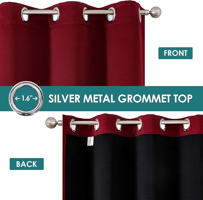 ChrisDowa 100% Blackout Curtains for Bedroom with Black Liner, 2 Thick Layers Total Blackout Thermal Insulated Grommet Window Curtains 2 Panels Set (Burgundy, 42 x 63 Inch)