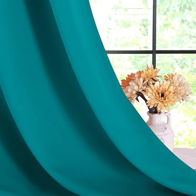 NICETOWN Blackout Draperies Curtains for Kids Room, Window Treatment Thermal Insulated Solid Grommet Blackout Drape Panels for Bedroom (Peacock Teal, Set of 2, 60 by 84 inches)