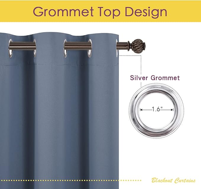 NICETOWN Thermal Insulated Curtains Blackout Draperies, Window Treatment Solid Grommet Room Darkening Drape Panels for Bedroom (Stone Blue, Set of 2, 70 by 63 inches Long)