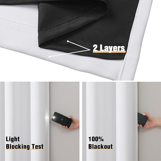 ChrisDowa White 100% Blackout Curtains 102 inch Long for Bedroom with Black Liner, 2 Thick Layers Total Blackout Thermal Insulated Grommet Window Curtains 2 Panels Set (Pure White, 52 x 102 Inch)