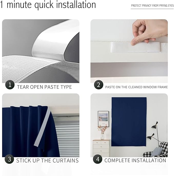Self Adhesive Portable Blackout Curtains for Bedroom Easy to Install Window Thermal Lnsulated Kitchen Room Darkening Small Window Curtains, 47" W X 59" L, Navy Blue, 1 Panel