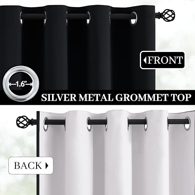Yakamok 100% Blackout Curtains Black Room Darkening Thermal Insulated Window Curtain with 2 Thick Layers-Set of 2 Panels Grommet Top Drapes for Bedroom Living Room 52 Inches by 63 Inches Length