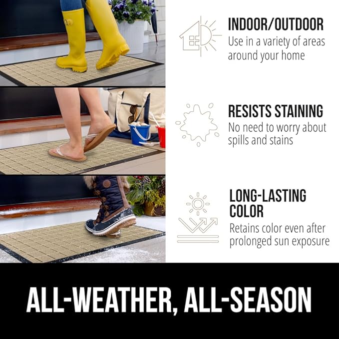 GORILLA GRIP 100% Waterproof All-Season WeatherMAX Doormat US Designed Natural Rubber, Stain and Fade Resistant, Low Profile Indoor Outdoor Door Mats, Easy Clean Patio Mat, 29x17, Taupe Grid