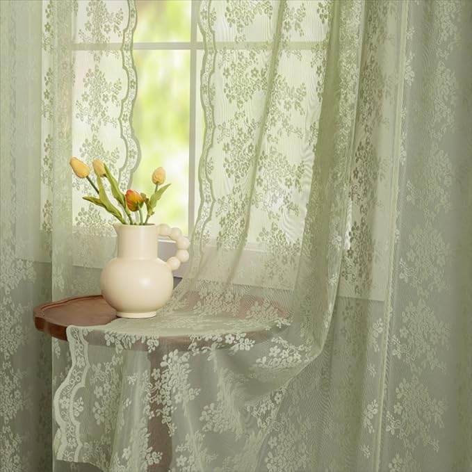 YJ YANJUN Vintage Lace Curtains 84 Inch Long- Victorian Floral Pattern Sheer Sage Green Curtains for Bedroom Living Room Kitchen Hallway 2 Panels Set Rod Pocket Spring Summer Boho Decor 52Wx84L
