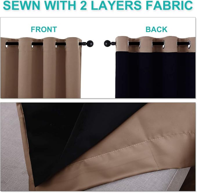 NICETOWN 100% Blackout Curtains Thermal, Noise Reduction and Privacy Curtains for Patio Door, Black Lined Blackout Drapes with Grommet Top, Cappuccino, 1 Pair, W37 x L40