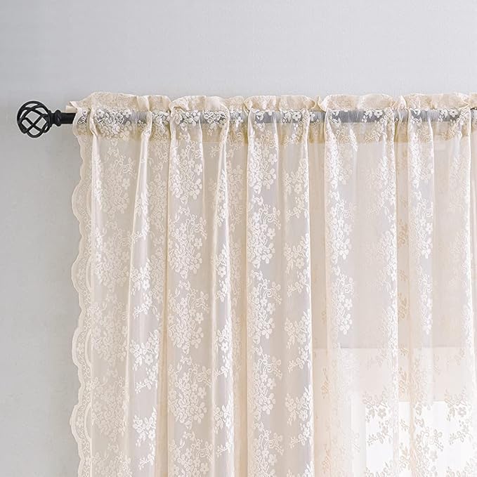 YJ YANJUN Vintage Lace Curtains 96 Inches Long-Victorian Floral Pattern Dusty Pink Sheer Curtain Panels for Living Room Bedroom,Light Filtering, Shabby Chic Girls Drapes 2 Panels 52W x 96L