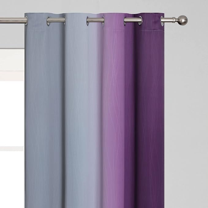Estelar Textiler Ombre Grey and Purple Blackout Curtains 72 Inch Length 2 Panels, Full Room Darkening Curtains for Living Room, Grommet Thermal Insulated Gradient Drapes for Bedroom, 52x72 Inch
