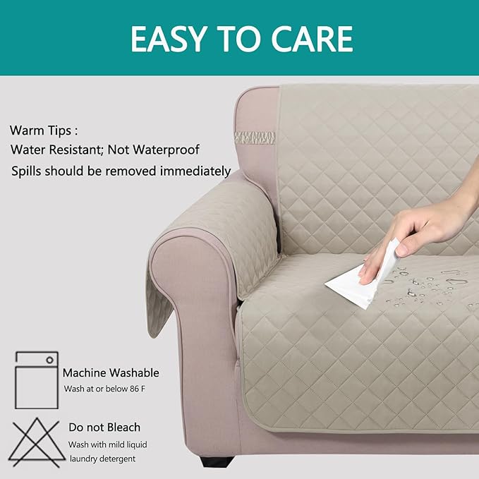 U-NICE HOME Loveseat Sofa Cover Reversible Couch Cover for Dogs with Elastic Straps Water Resistant Furniture Protector for Pets Couch Cover for 2 Cushion Couch (Loveseat, Beige/Beige)