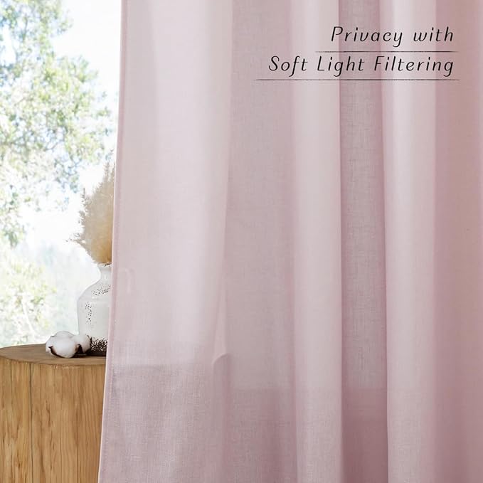 NICETOWN Blush Pink Short Linen Curtains for Kitchen, Thick Flax Small Window Treatments Semi Sheer Privacy Assured with Light Through for Cafe/Bathroom, W42 x L63, 2 Panels