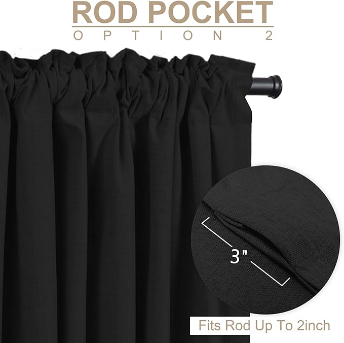 100% Blackout Shield Linen Blackout Curtains for Bedroom 84 Inches Long, Back Tab/Rod Pocket Living Room Drapes, Thermal Insulated Blackout Curtains 2 Panels Set, 50" W x 84" L, Black