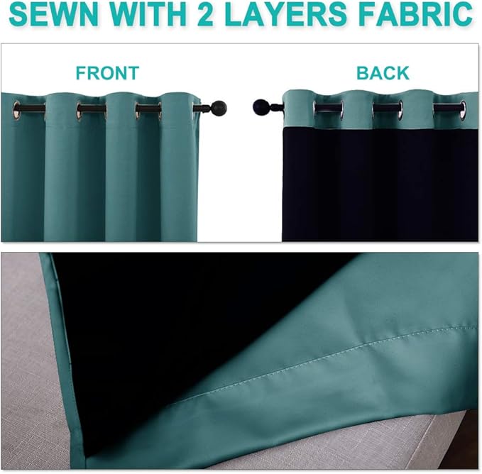 NICETOWN 100% Blackout Blinds, Set of 2, 46" x 45", Sea Teal, Laundry Room Decor Window Treatment Curtains for Large Patio Sliding Door, Thermal Insulated Curtains for Bedroom