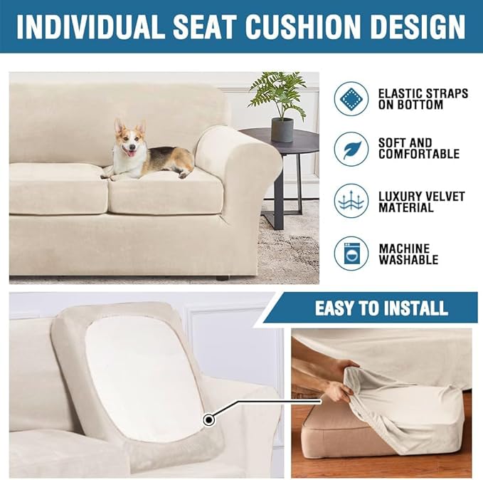 H.VERSAILTEX 3 Piece Stretch Sofa Covers Couch Covers for 2 Cushion Couch Loveseat Covers Width Up to 72 Inch Feature Thick Soft Stay in Place (Medium Sofa, Cream)