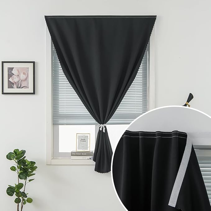 Adhesive Blackout Curtains- Self Stick Curtain No Rod Needed Easy to Hang Curtain, Use for Bedroom, Living Room, Dining Room, Kitchen, 47" W X 84" L, Black, 1 Panel